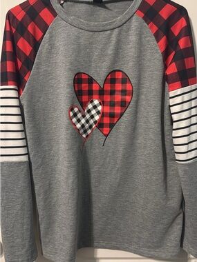 Women’s Gray Long-Sleeve Top with Red Buffalo Plaid Hearts